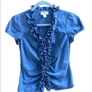Host Pick Ann Taylor Loft Petite blue ruffle-front top 2P fits like XXSP